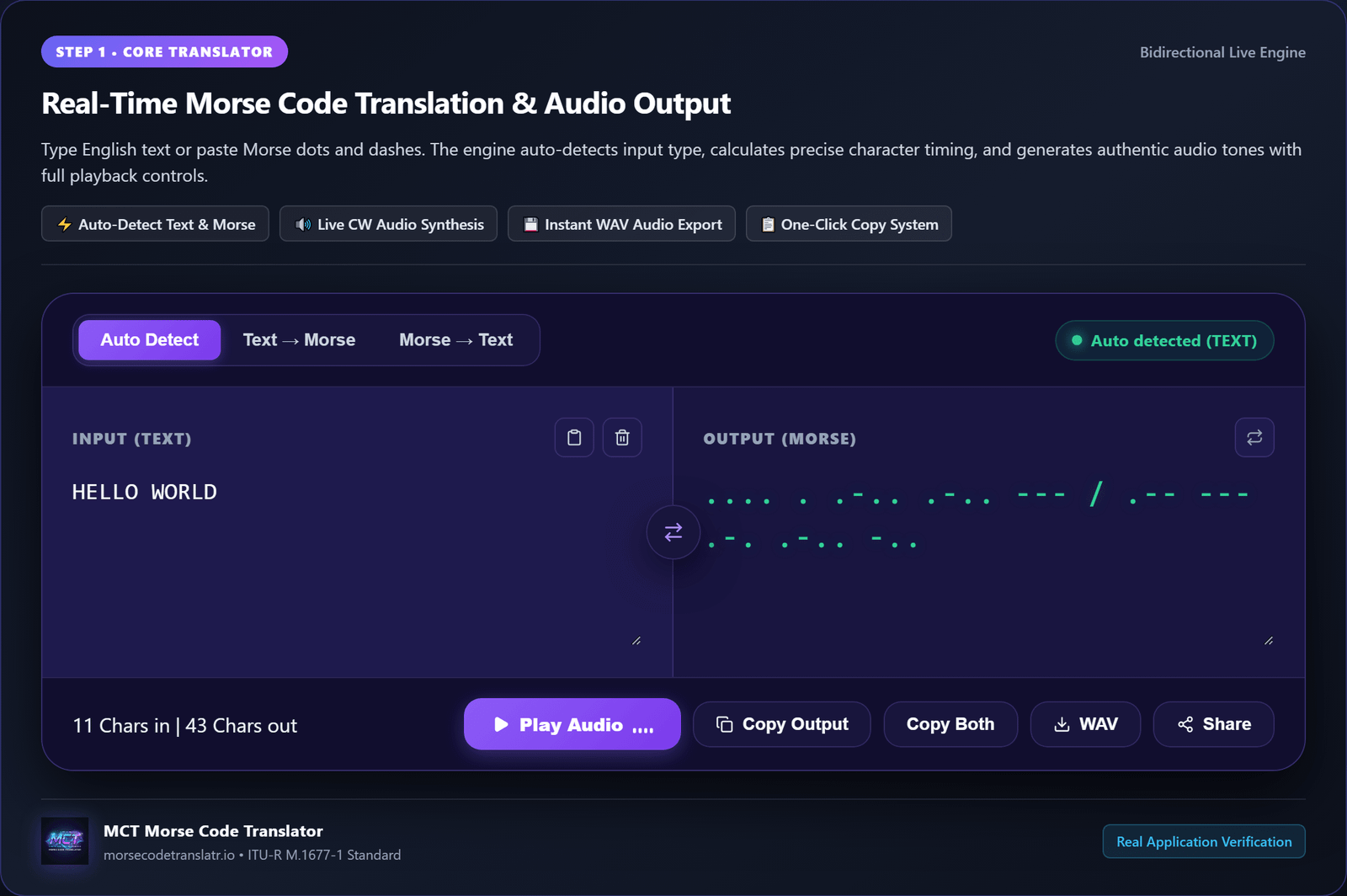 Interfaz interactiva del traductor de código Morse en español con reproducción sonora y desglose rítmico